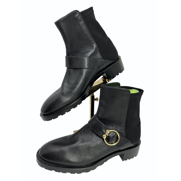 Stuart Weitzman Womens 9.5 Luxering Black Leather Pull On Bootie gold buckle NEW - Picture 1 of 10